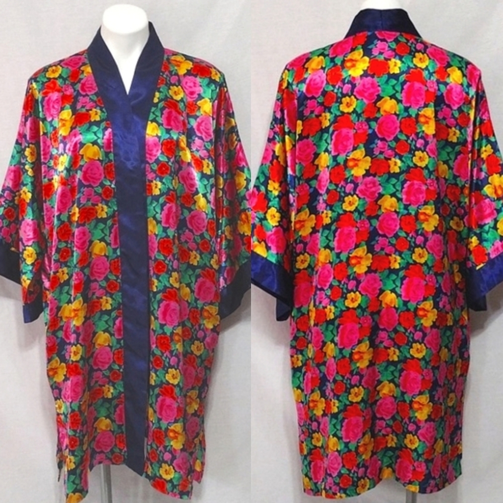 Victoria’s Secret Gold Label Floral Satin Kimono Robe OS Open Front Lounge Cover